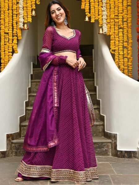 Lavanya The Label Purple & Gold-Toned Printed Ready to Wear Lehenga & Blouse With Dupatta