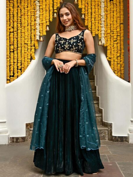 Lavanya The Label Teal & Gold-Toned Embellished Zardozi Ready to Wear Lehenga & Blouse With Dupatta