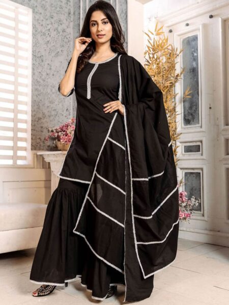 Lavanya The Label Women Black Solid Kurta with Sharara & Dupatta