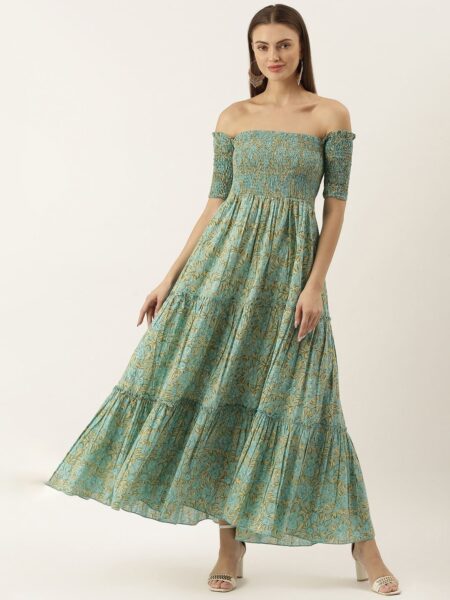 Lavanya The Label Women Blue Pure Cotton Floral Print Off-Shoulder Tiered Maxi Dress