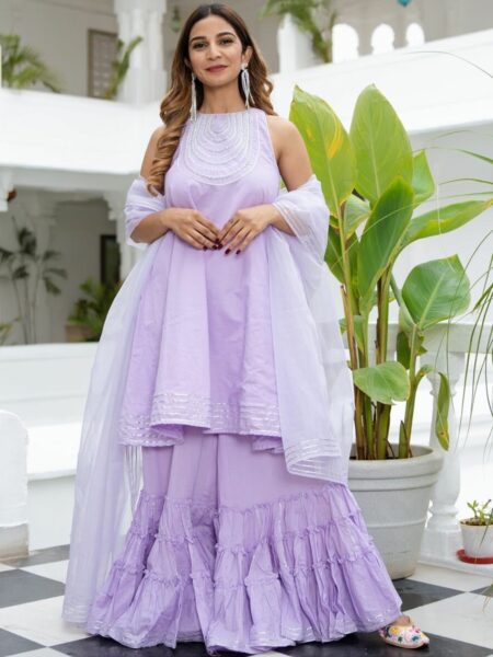 Lavanya The Label Women Lavender Embroidered Pure Cotton Kurta With Palazzos & Dupatta