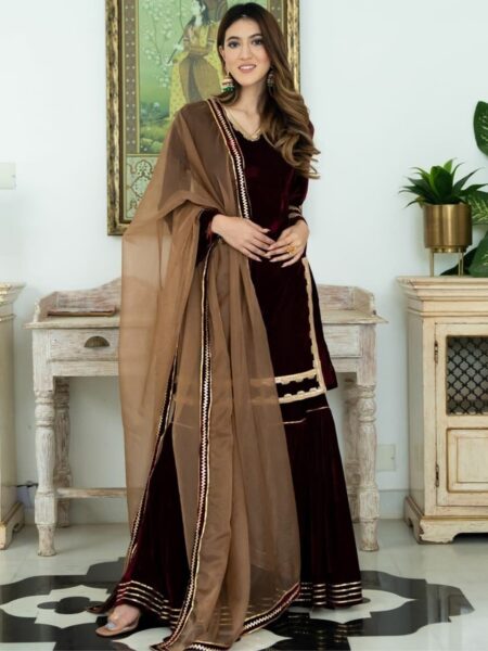 Lavanya The Label Women Maroon Velvet Kurti with Sharara & With Dupatta