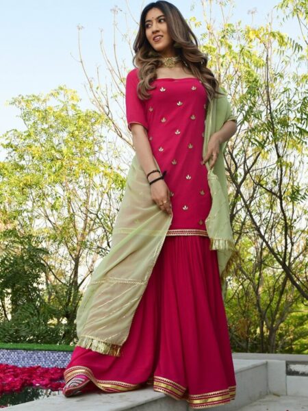 Lavanya The Label Women Pink Floral Embroidered Gotta Patti Kurta with Sharara & With Dupatta