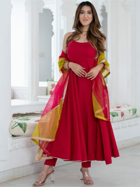 Lavanya The Label Women Pink Solid Pure Cotton Anarkali Kurta With Trousers & Dupatta