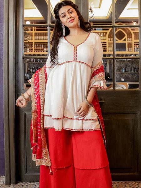 Lavanya The Label Women Red & White Solid Kurta with Palazzos & Dupatta