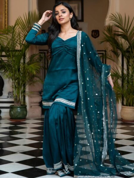 Lavanya The Label Women Teal Silk Blend Straight Kurta with Sharara & With Dupatta