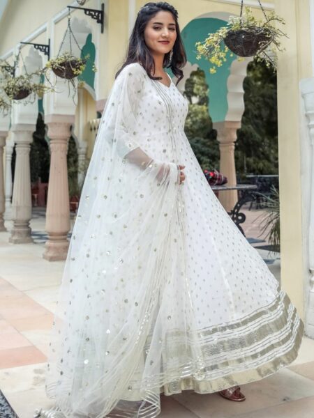Lavanya The Label Women White Empire Georgette Kurta with Churidar & Dupatta