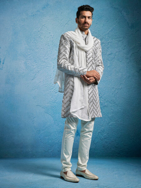 Men's Aqua Silk Blend Sherwani Set