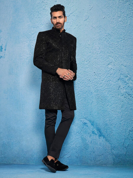 Men's Black Velvet Sherwani Set