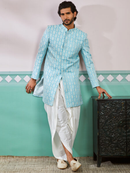 Men's Blue Silk Blend Sherwani Set