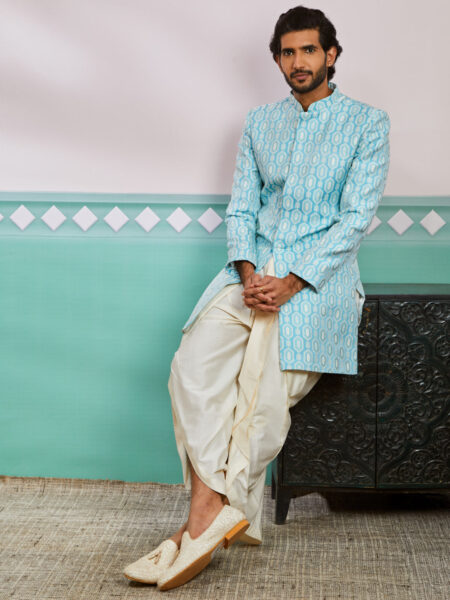 Men's Blue Silk Blend Sherwani Set