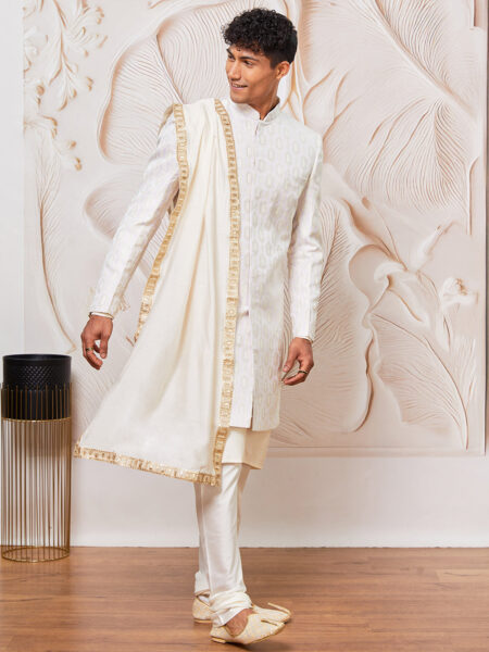 Men's Lavender Silk Blend Indowestern, Kurta Pyjama And Dupatta Set