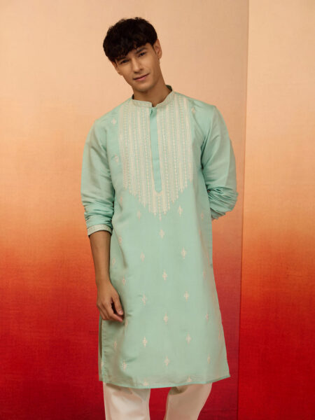 Men's Mint Green Embroidered Silk Kurta