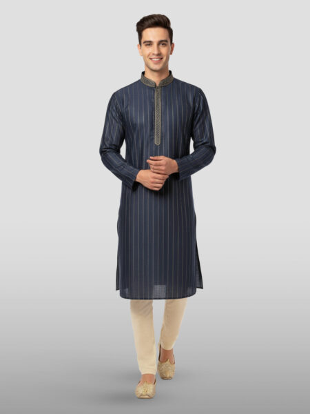 Men's Navy Blue Embroidered Kurta with Cream Pyjama
