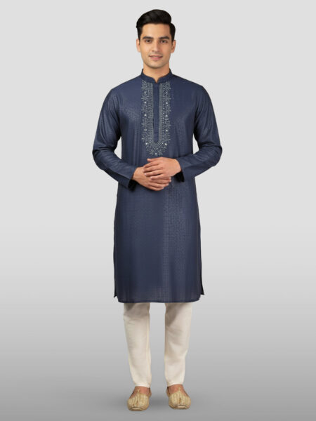 Men's Navy Blue Embroidered Kurta with Cream Pyjama