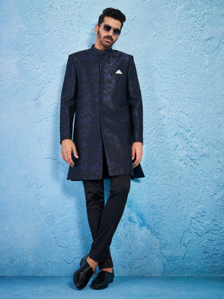 Men's Navy Blue Silk Blend Sherwani Set