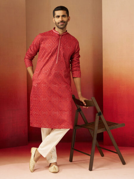 Men's Rust Bandhani Kurta with Pyjama