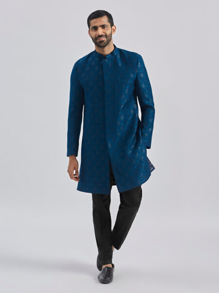 Men's Turquoise And Black Silk Blend Sherwani Set