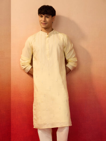 Men's Yellow Embroidered Silk Kurta