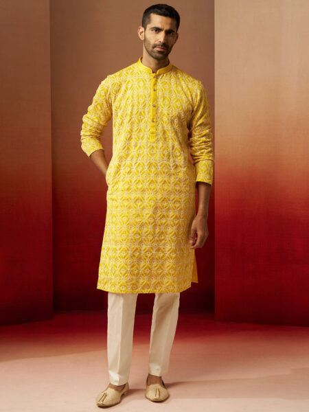 Men's Yellow Thread Embroidered Kurta with Pyjama