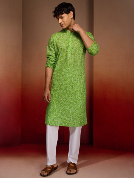 Mens Green Bandhani Kurta with Pyjama