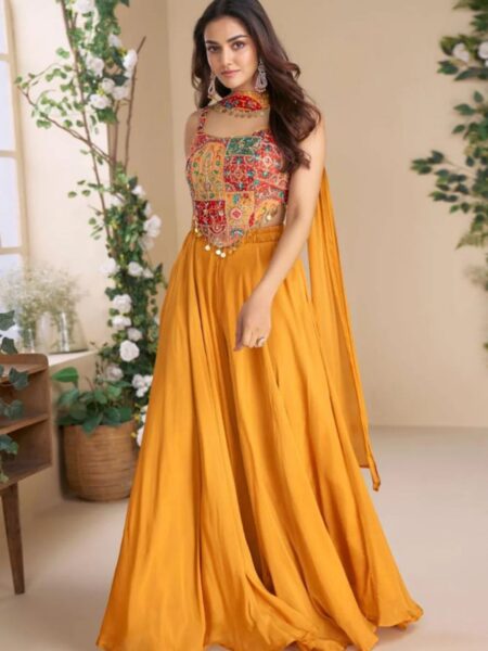 Mustard Silk Embroidered Choli Palazzo Set With Dupatta