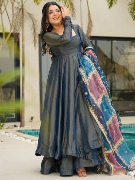 Superb Teal Blue Silk Festive Wear Palazzo Suit With Sequins Dupatta