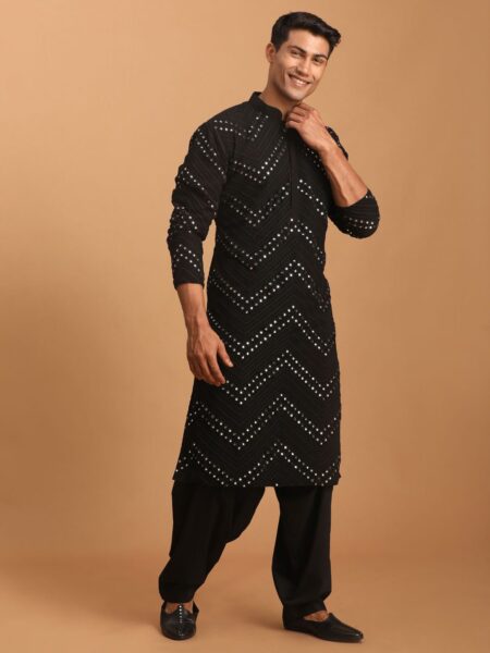 Men's Black Embroidered Mirror Work Kurta With Patiala Set