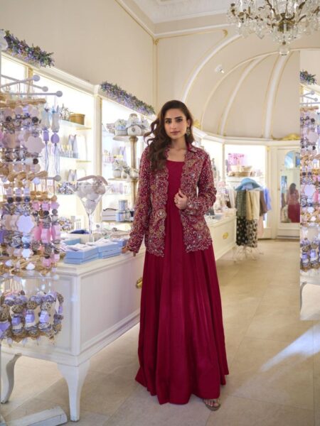 Stylish Festival Wear Embroidered Maroon Gown And Jacket