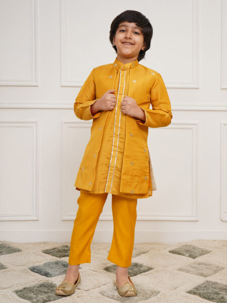Boys' Mustard Jacket, Kurta and Pyjama Set