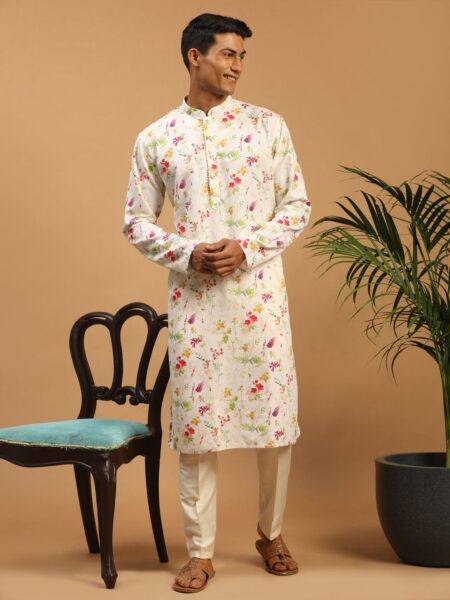 Men's Cream Printed Cotton Blend Kurta and Cream Viscose Pant Set