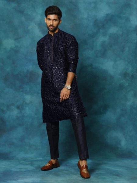 Men's Blue Silk Blend Kurta Pyjama Set