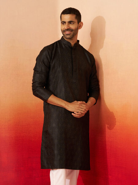 Men Black Silk Fancy Jacquard Kurta