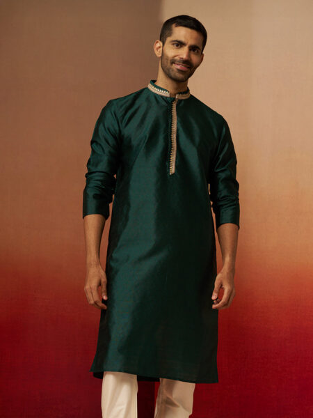 Men Bottle Green Silk Anmol Jacquard Kurta