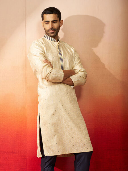 Men Cream Royal Blue Silk Jacquard Kurta