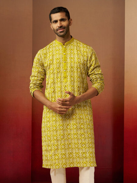 Men Green Linen Silk Thread Embroidered Kurta