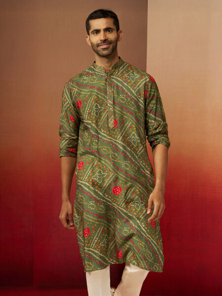 Men Green Pure Muslin Bandhani Print Kurta