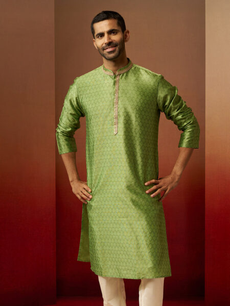 Men Green Silk Anmol Jacquard Kurta