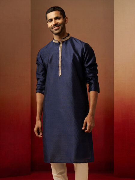 Men Navy Blue Silk Anmol Jacquard Kurta