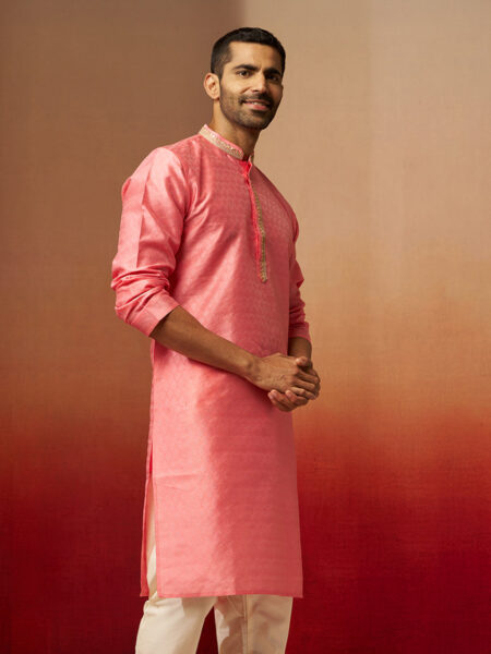 Men Pink Silk Anmol Jacquard Kurta