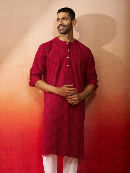 Men Red Cotton Band Collar Kurta