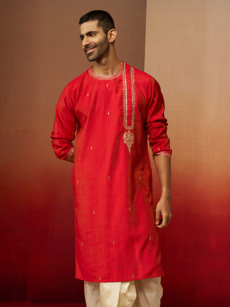 Men Red Hand Embroidered Kurta