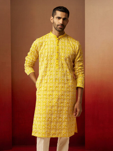 Men Yellow Linen Silk Thread Embroidered Kurta
