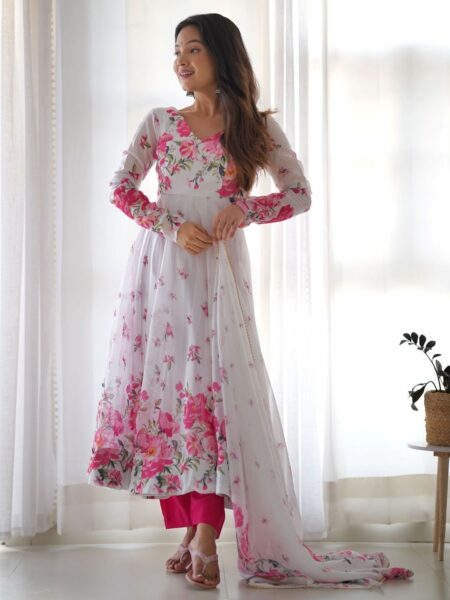 Astonishing White Floral Printed Organza Event Wear Anarkali Suit
