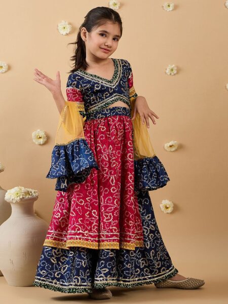 Girls Bandhani Printed Gotta Patti Cotton Lehenga With Choli And Dupatta