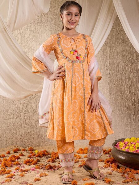 Girls Bandhani Printed Panelled Cotton Anarkali Kurta With Trouser & Dupatta