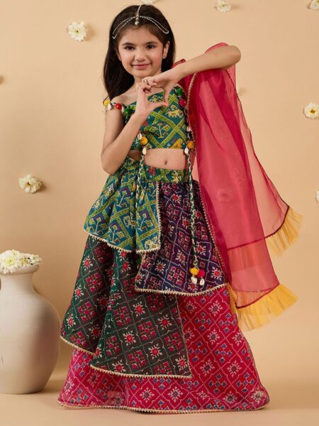Girls Bandhani Printed Round Neck Lehenga With Blouse And Dupatta