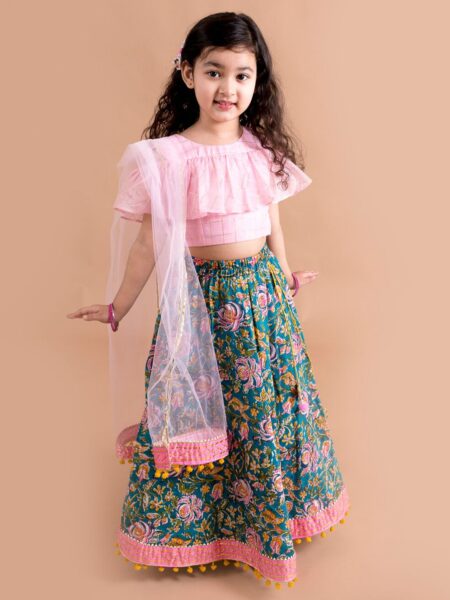 Girls Blue & Pink Ready to Wear Lehenga & Blouse With Dupatta
