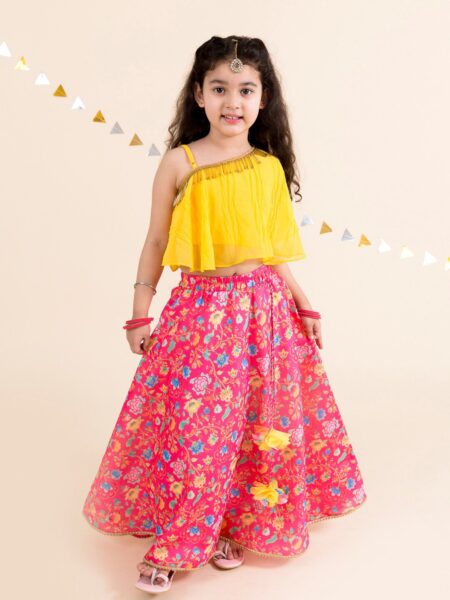 Girls Coral & Yellow Ready to Wear Lehenga Choli