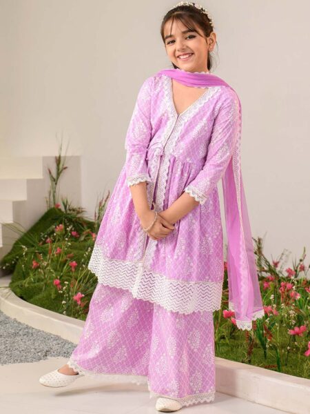 Girls Ethnic Motifs Printed Pure Cotton Kurta With Palazzos & Dupatta